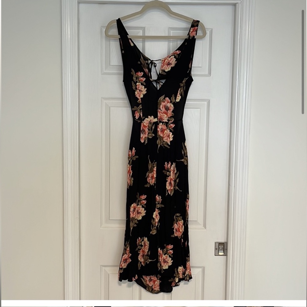 Reformation - Black, Pink & Green Floral Print Open Back Midi Dress Sz 6